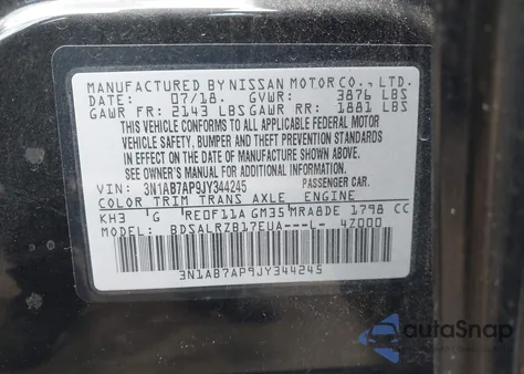 2018 Nissan Sentra Sr z USA, uszkodzony, nr VIN 3N1AB7AP9JY344245